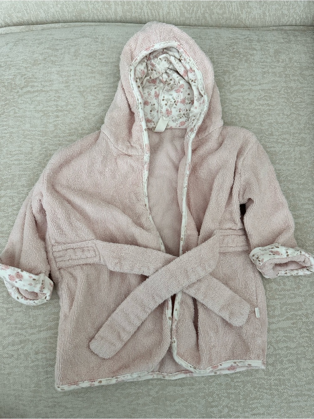 Kids' Hooded Pink Terry Wrap Jacket with Floral Trim